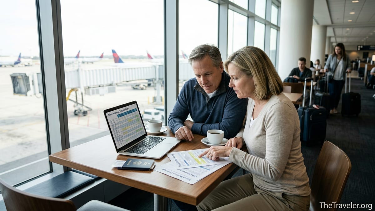 Couple in an airport lounge reviewing travel insurance coverage on a laptop.