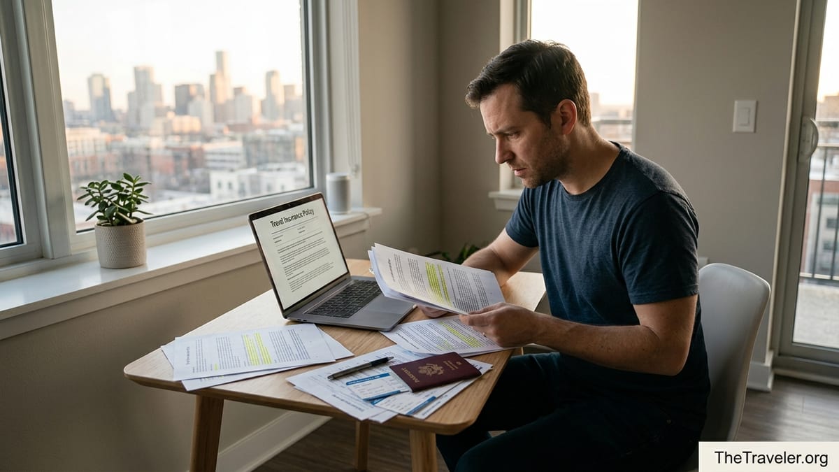 Traveler reviewing HTH travel insurance documents at a desk with laptop and passport.