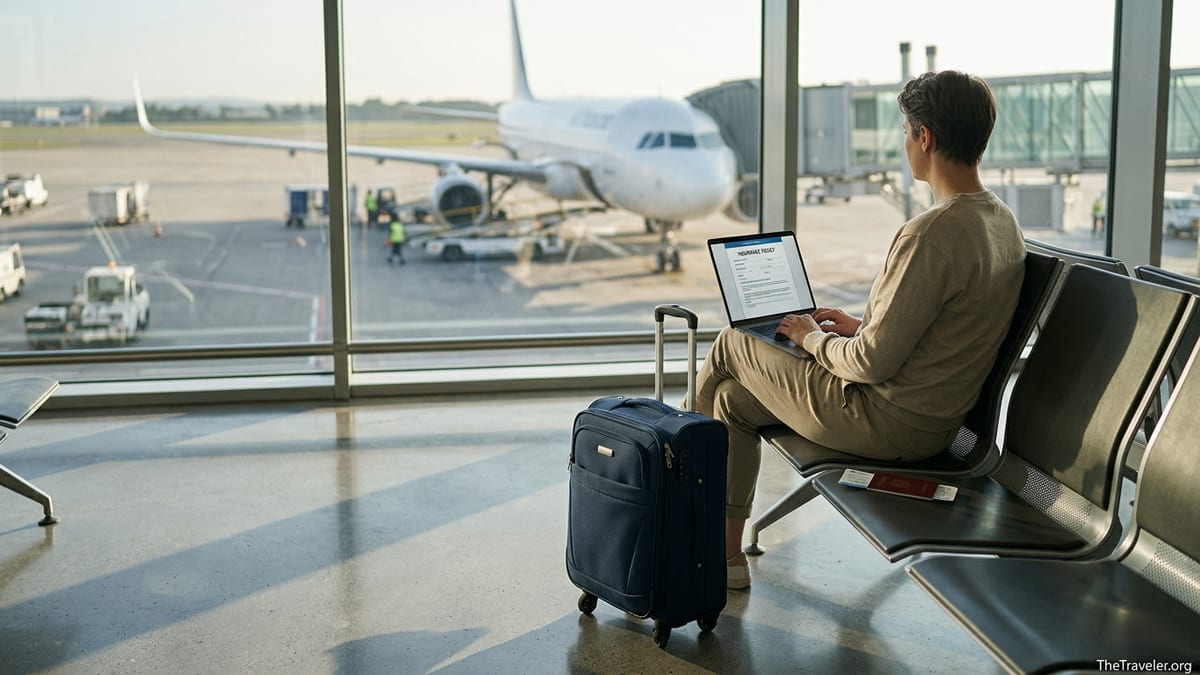 Traveler in an airport terminal reviewing travel insurance on a laptop by a windowed gate.