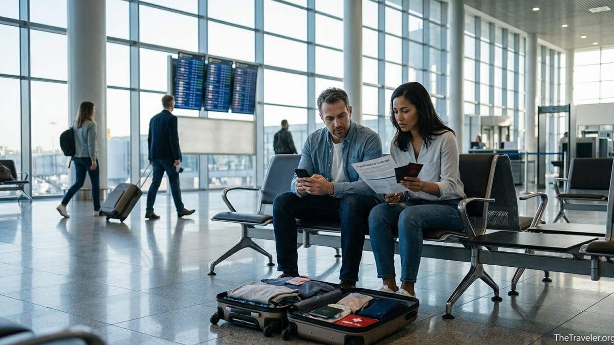 Travelers reviewing medical travel insurance documents in a busy airport terminal.