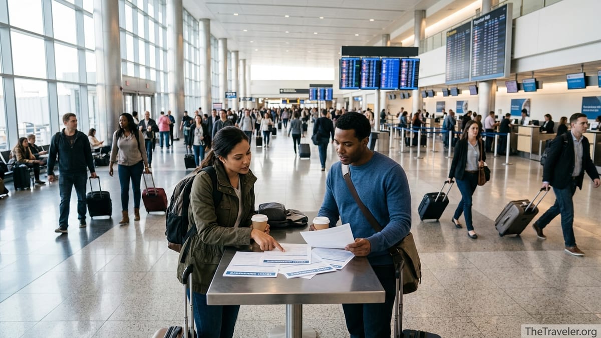 Travelers compare insurance papers in a bright international airport departures hall.