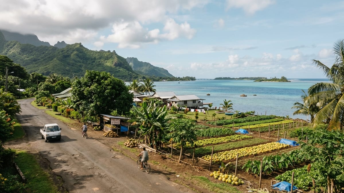 Scenic view of Huahine's coastline with a road, cultivated fields, and turquoise lagoon.