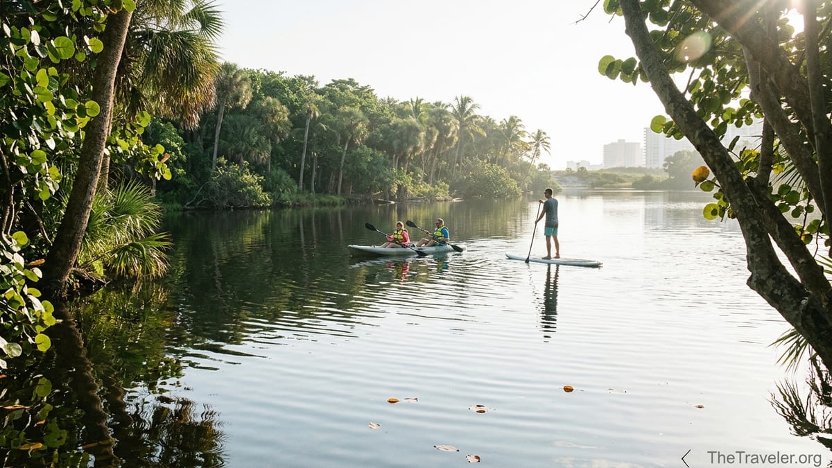 Kayakers and a paddleboarder on calm Long Lake at Hugh Taylor Birch State Park in Fort Lauderdale.
