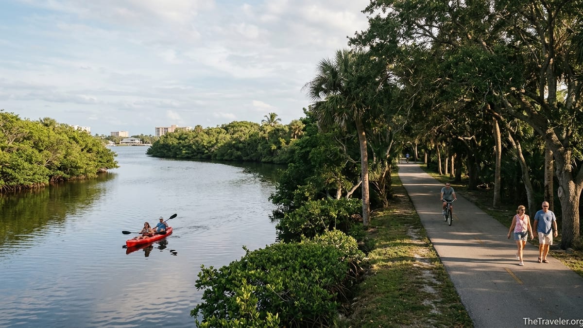 People biking and kayaking along the lagoon under trees at Hugh Taylor Birch State Park.
