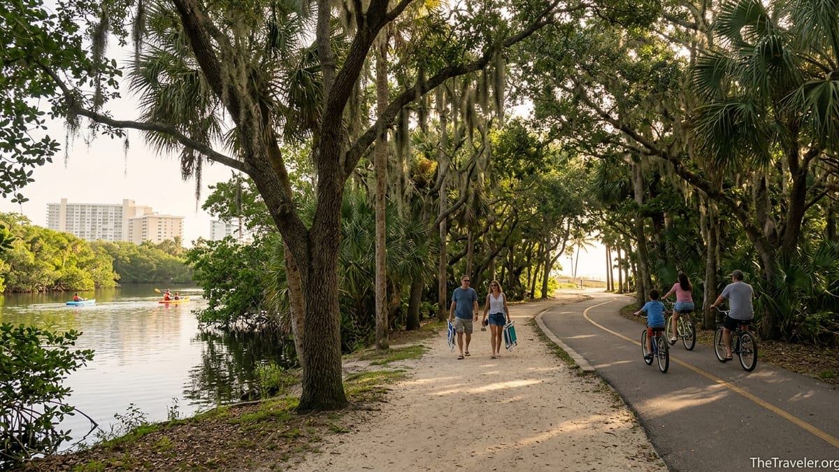 Shaded road, bikers and kayakers at Hugh Taylor Birch State Park near Fort Lauderdale Beach.