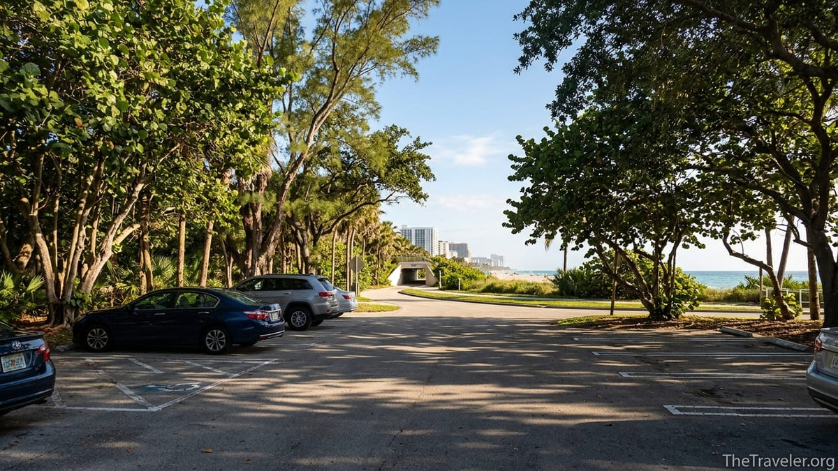 Shaded parking area inside Hugh Taylor Birch State Park with trees, cars, and beach skyline in the distance.