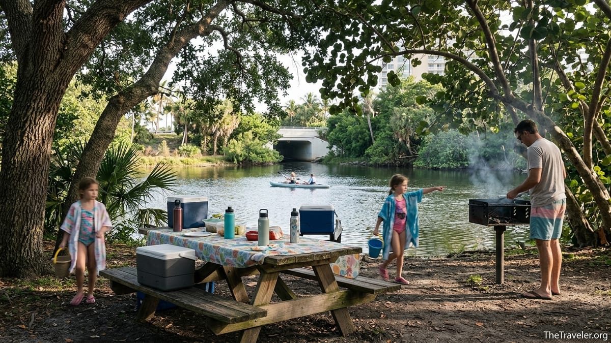 Family picnic under trees at Hugh Taylor Birch State Park with lagoon and beachside buildings in background.