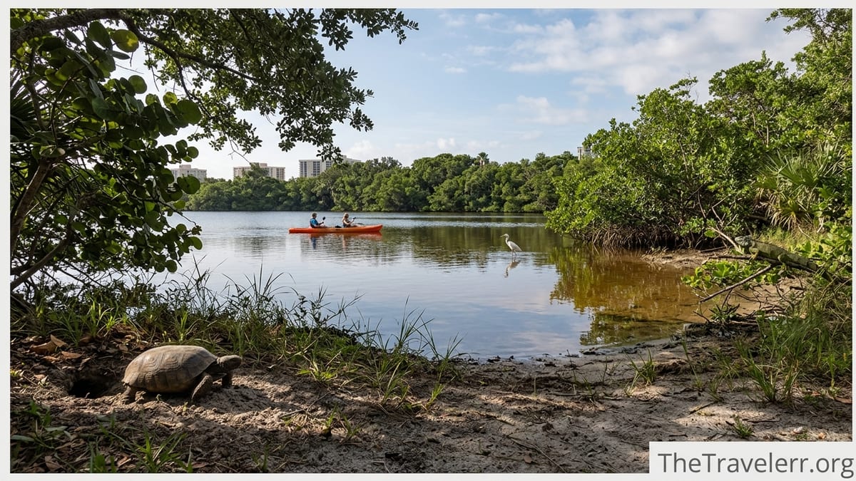 Gopher tortoise near Long Lake with kayakers and egret at Hugh Taylor Birch State Park.