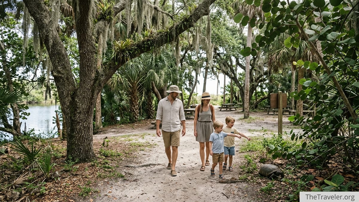 Family with children walking a shady trail at Hugh Taylor Birch State Park in Fort Lauderdale.