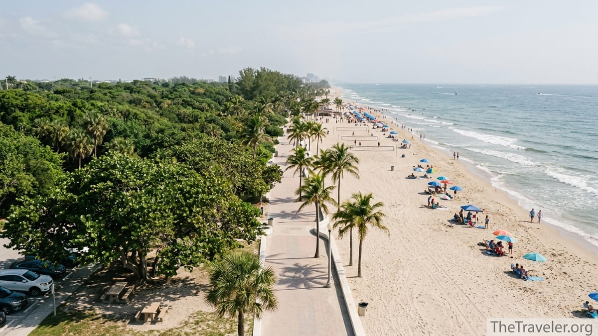 Aerial view of Hugh Taylor Birch State Park beside the open sands of Fort Lauderdale Beach.