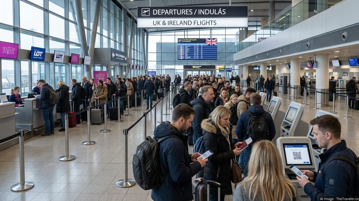 Travellers at Budapest airport check-in area preparing for UK flights with passports and phones.
