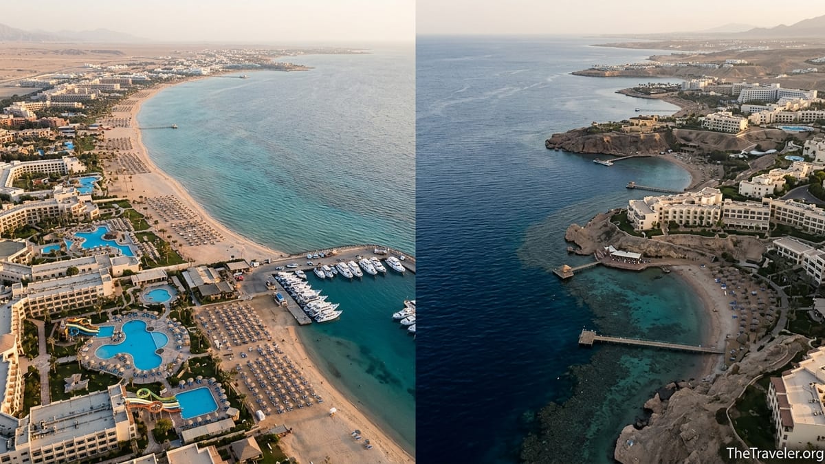 Aerial view of contrasting resort coastlines in Hurghada and Sharm El Sheikh on the Red Sea at sunset.