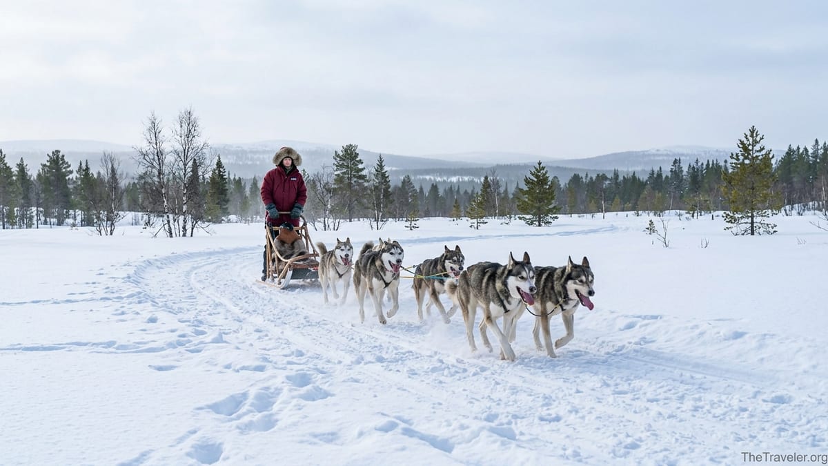 Traveler driving a husky sled team across snowy Finnish Lapland under a pale Arctic sky.