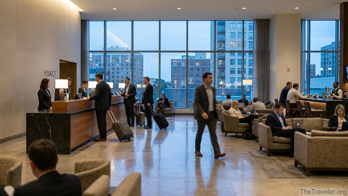 Travelers check in and relax in a modern Hyatt hotel lobby at dusk.