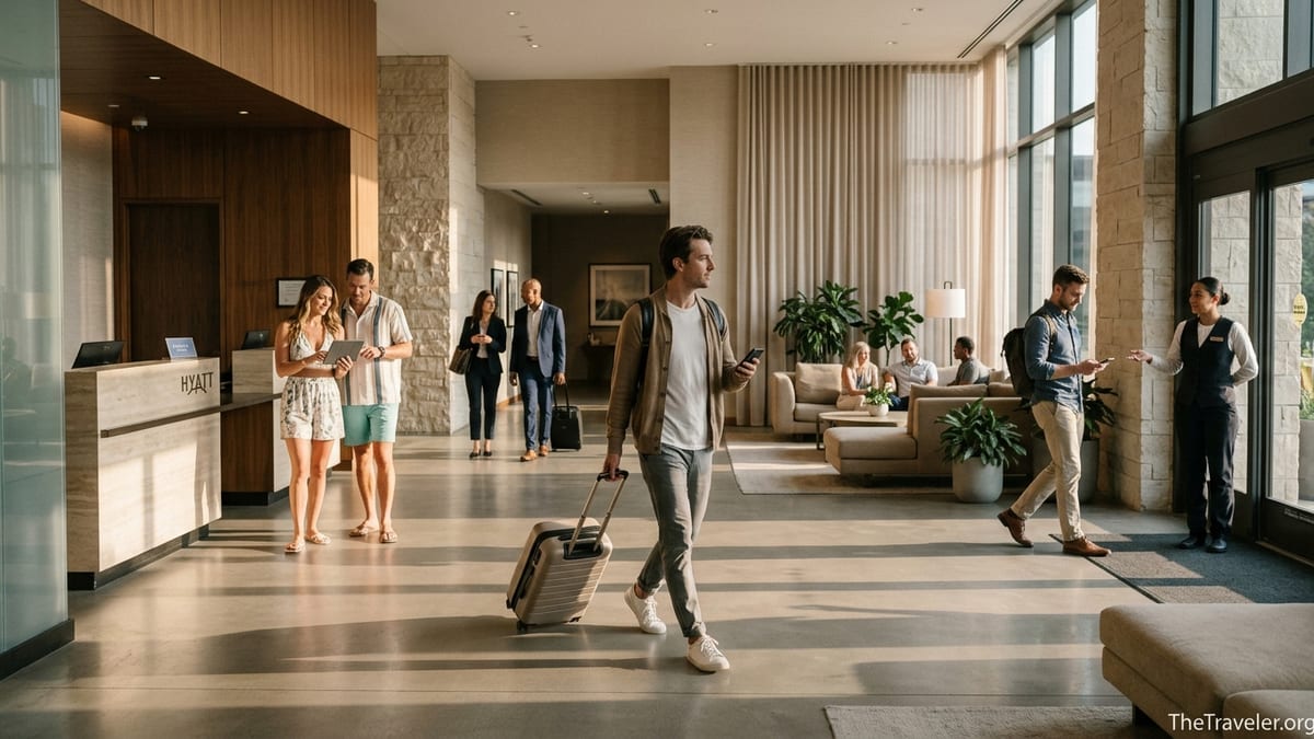 Traveler walking through a modern Hyatt lobby filled with warm light and lounge seating.