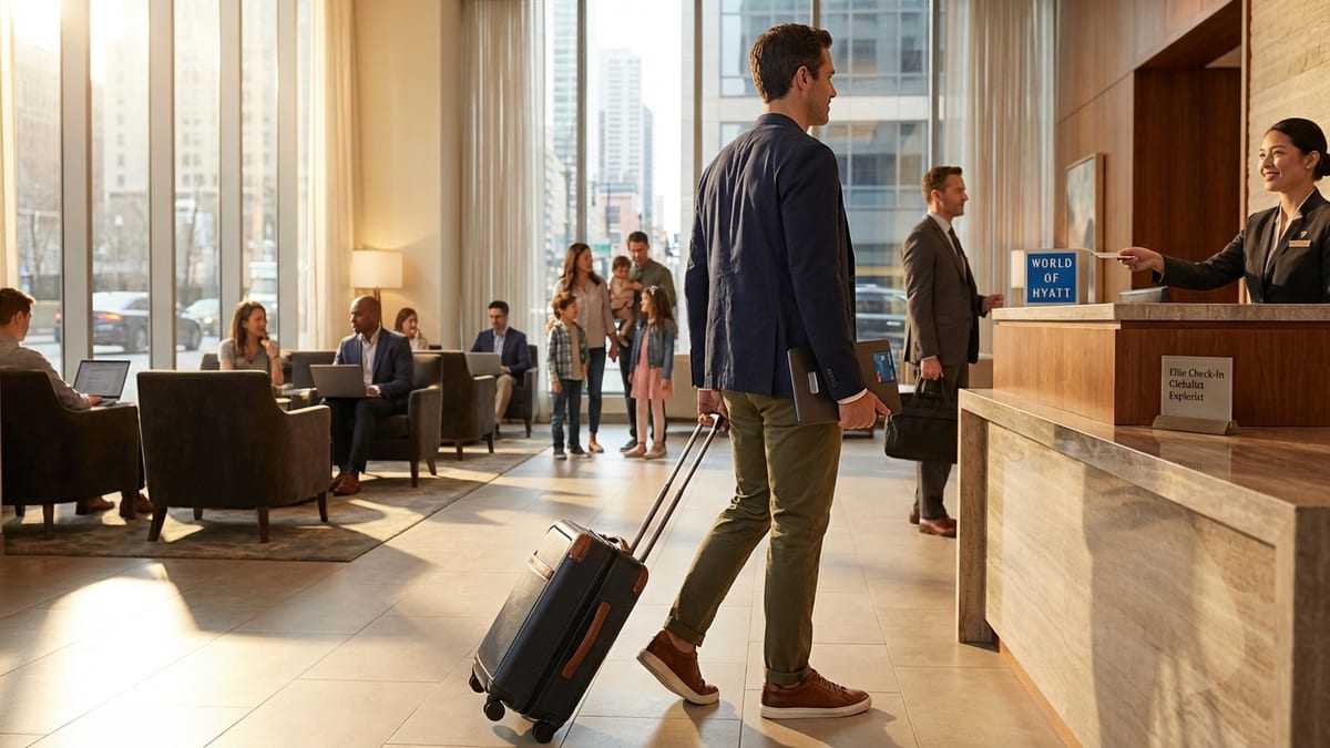 World of Hyatt member checking into a luxurious Hyatt lobby during golden hour