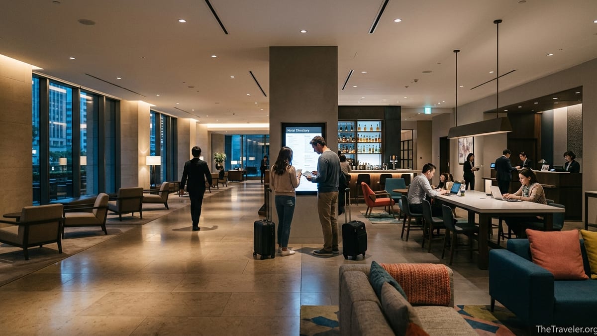 Traveler couple in a modern hotel lobby choosing between two distinct brand-style areas.
