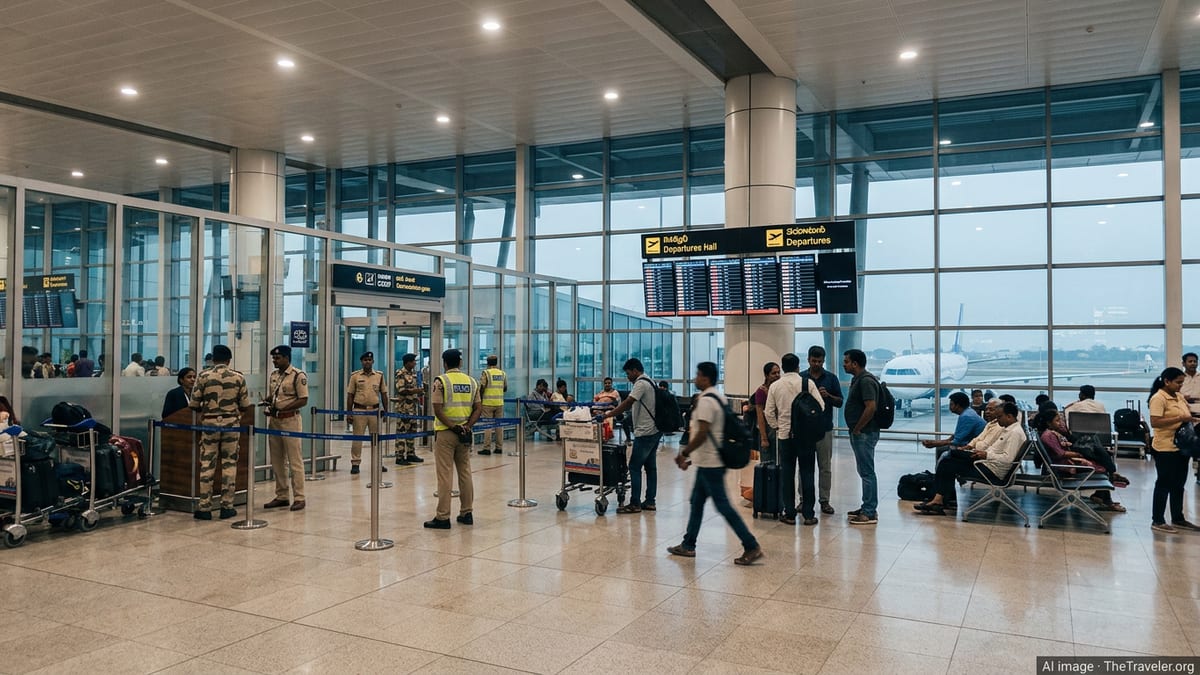 Security personnel and passengers near a cordoned-off gate at Hyderabad’s international airport.