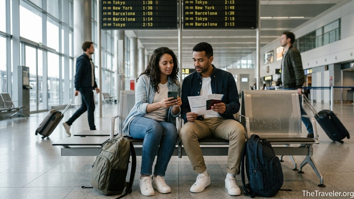 Couple reviewing travel insurance documents in a bright international airport departure hall.