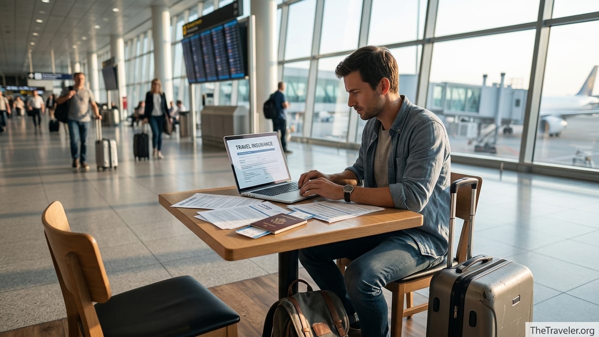 Traveler at airport table reviewing travel insurance papers next to luggage.