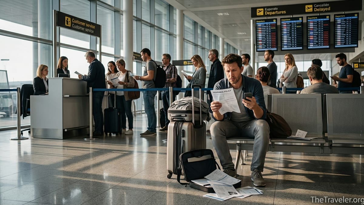 Traveler in a busy airport looking frustrated while reading a travel insurance policy.