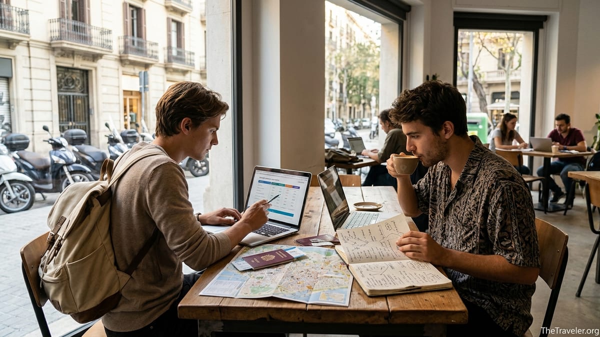 Two travelers in a Barcelona café comparing travel insurance on laptops with maps and passports on the table.