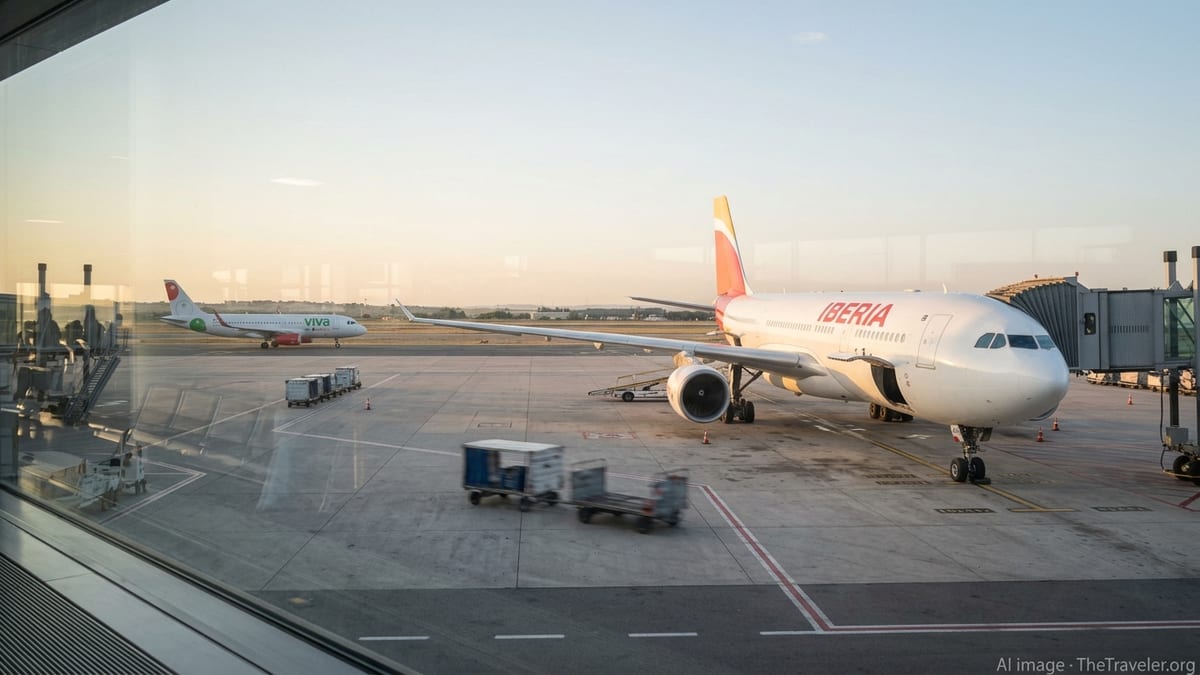 Iberia widebody jet at Madrid airport gate at sunrise with another aircraft taxiing in the background.
