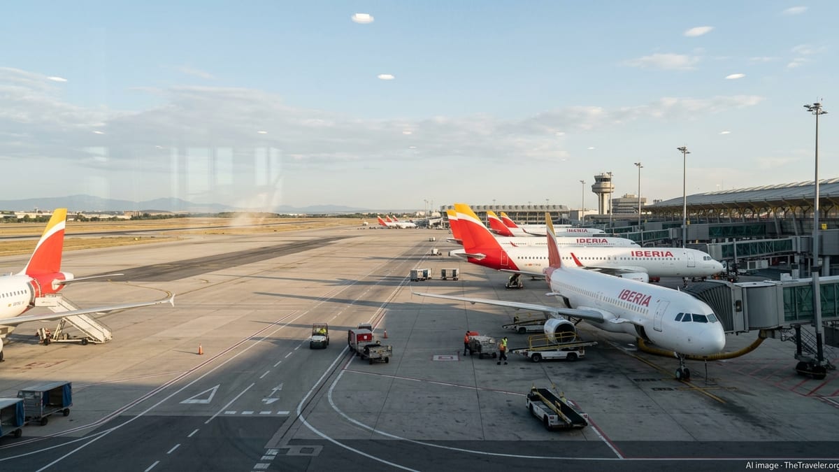 Multiple Iberia jets lined up at Madrid-Barajas Airport on a bright summer afternoon.