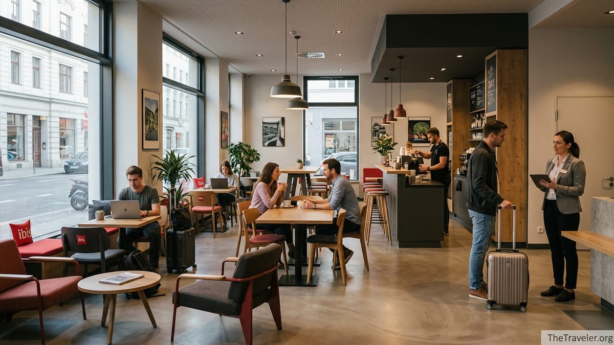 Guests relaxing and working in a modern ibis hotel lobby with cafe-style seating.