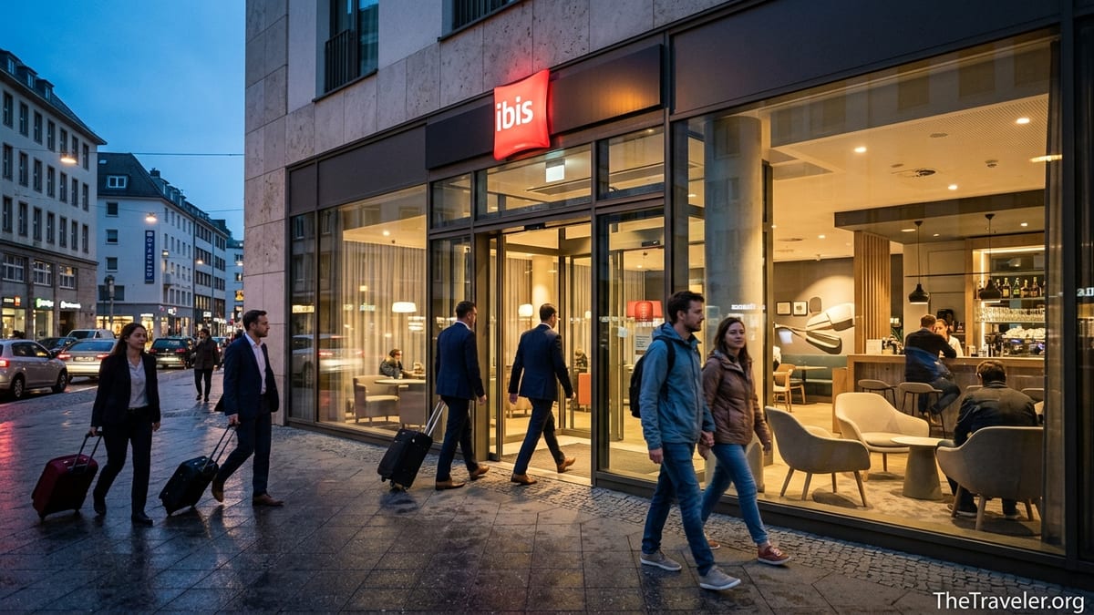 Evening street view of a modern Ibis hotel entrance with glowing red logo and travelers arriving.