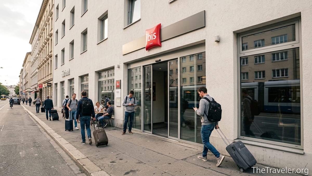 Travelers with suitcases outside a modern ibis hotel in a busy European city street.