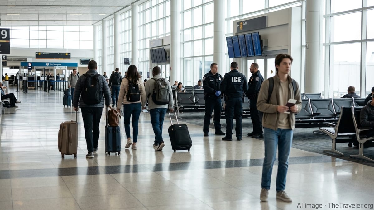 Travelers walk through a US airport terminal as ICE agents stand nearby near a gate area.