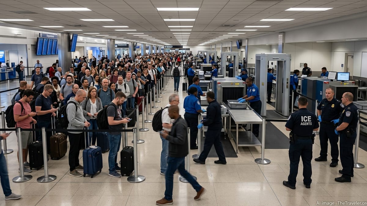 Crowded U.S. airport security line with TSA officers screening and ICE agents standing nearby.