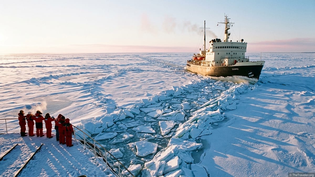 Icebreaker Sampo breaking sea ice off Kemi with passengers watching from the snowy deck.