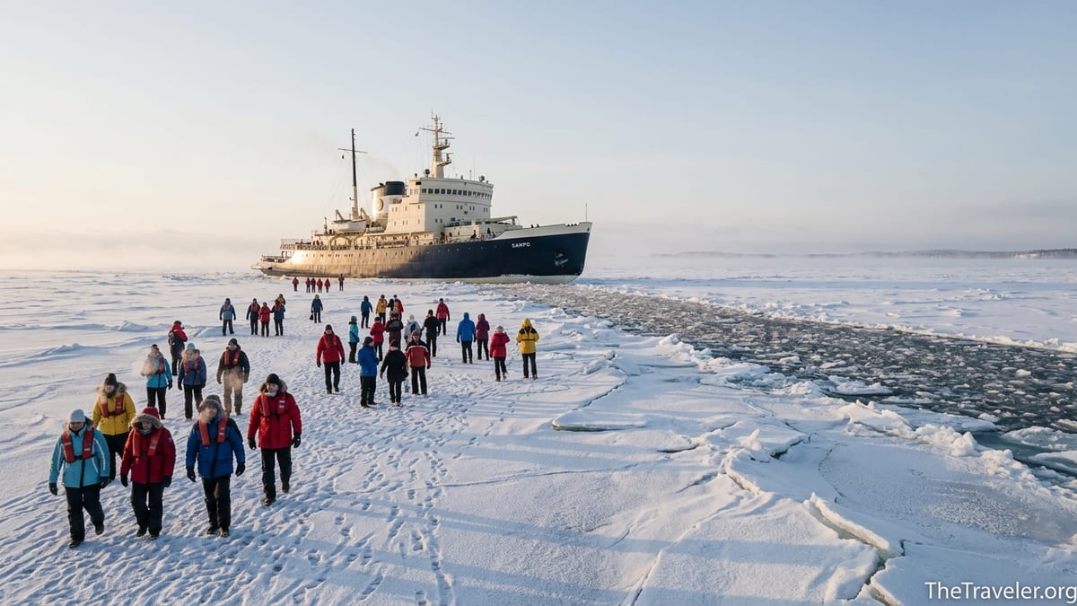 Travelers walking on the frozen sea beside Icebreaker Sampo in Kemi, Finland.
