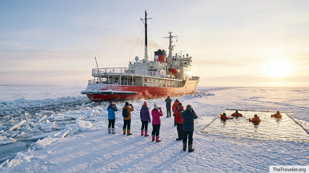 Travelers stand on sea ice near the Icebreaker Sampo in Kemi while others float in survival suits beside the ship.