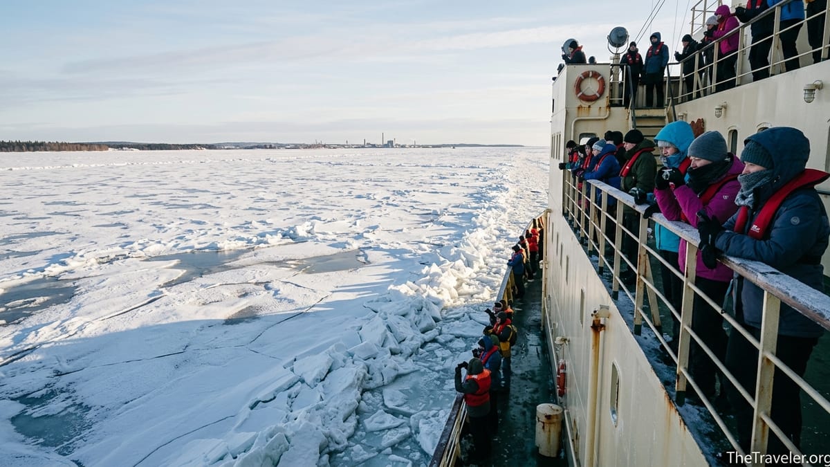 Passengers on Icebreaker Sampo watching the ship crush through sea ice off Kemi, Finland.