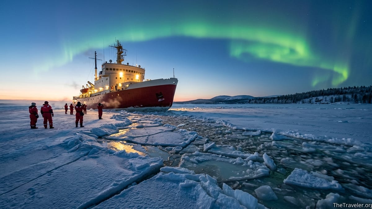 Icebreaker Sampo breaking sea ice near Kemi under Northern Lights in Lapland