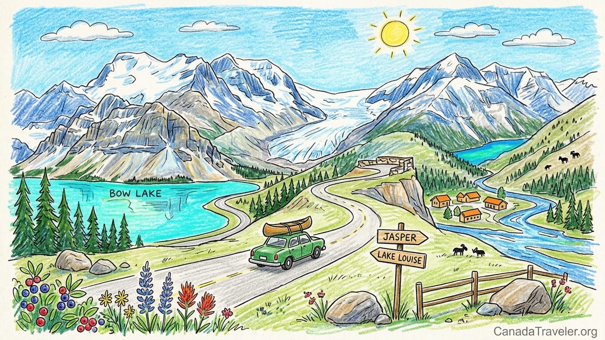 Curving Icefields Parkway road beside a turquoise lake and glacier-covered Canadian Rockies peaks on a clear summer afternoon
