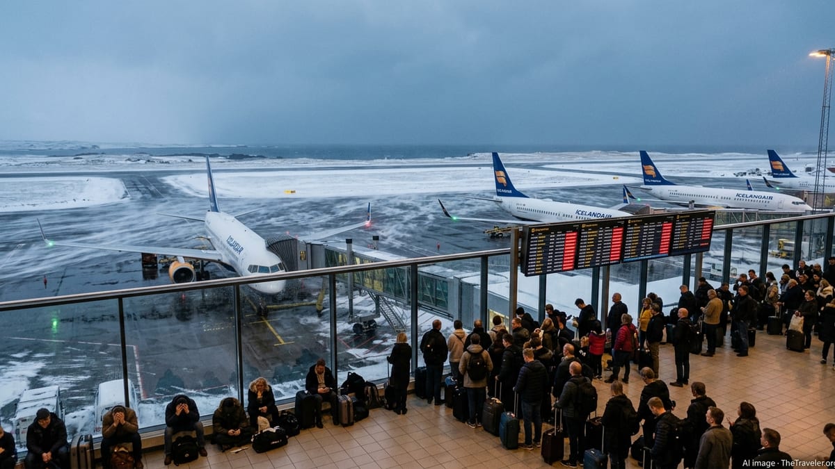 Passengers at Keflavik Airport watch grounded Icelandair jets during a winter storm.