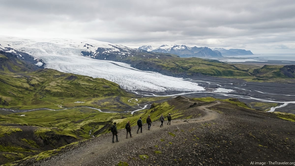 A glacier tongue in Iceland flowing into green valleys with small hikers on a ridge above.