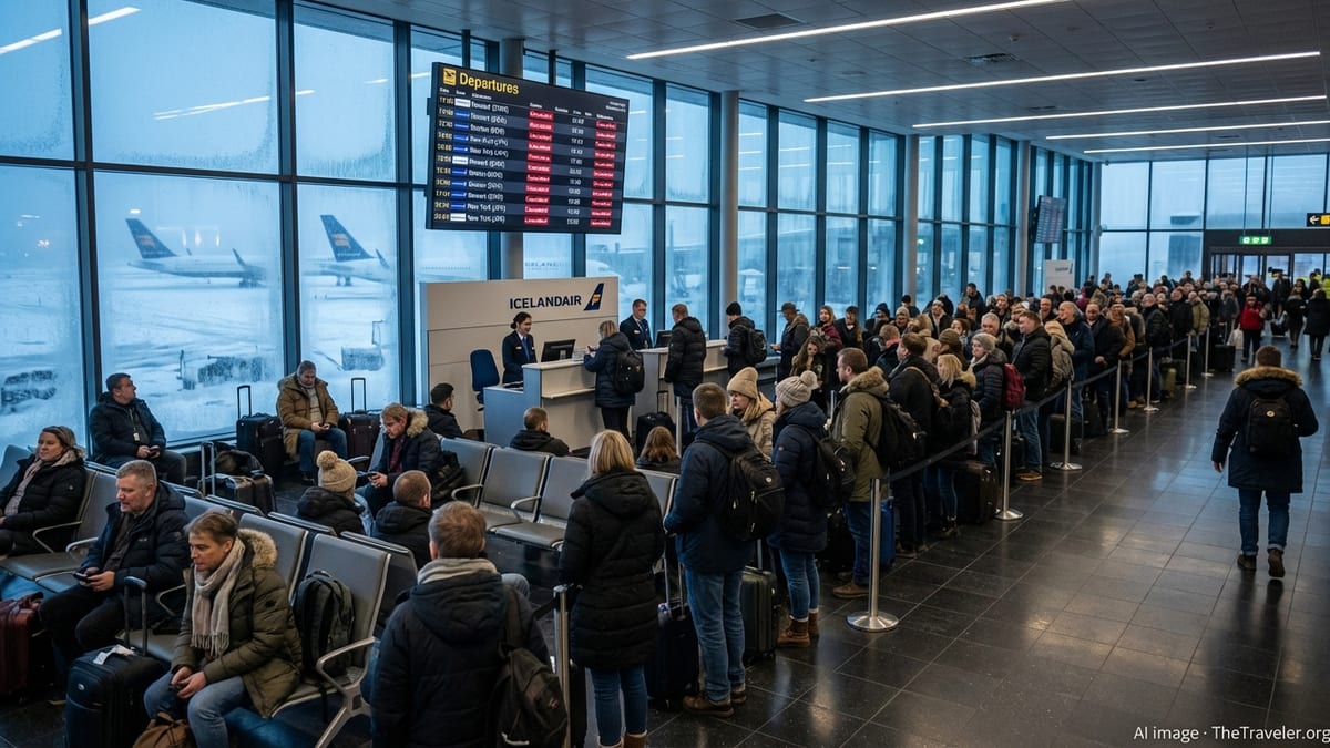 Stranded passengers wait inside Keflavik Airport as Icelandair flights to the U.S. are shown cancelled on the departuresboard