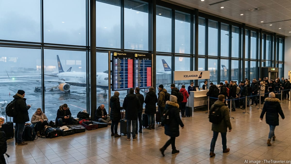 Passengers at Keflavik Airport watching departure boards showing multiple Icelandair flight cancellations.