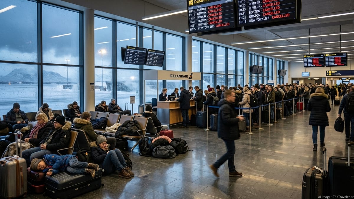 Stranded passengers queue and wait at Keflavik Airport as Icelandair US flights show as cancelled on departure boards.