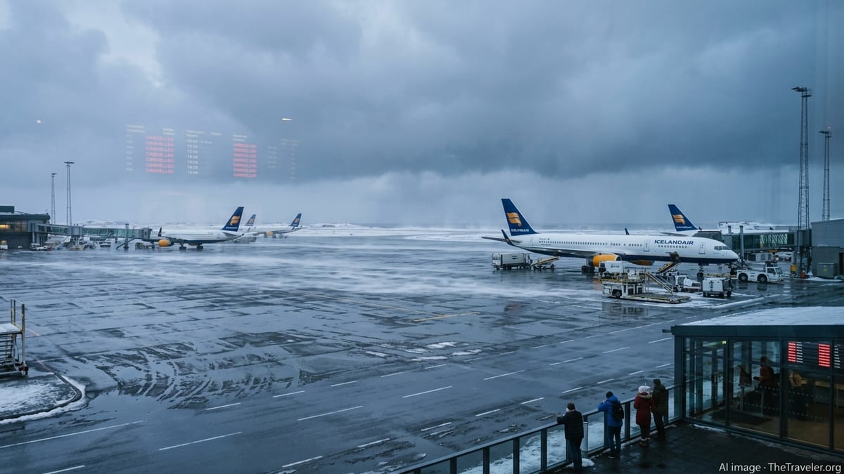 Stormy morning at Keflavik Airport with grounded Icelandair jets and cancelled flights.