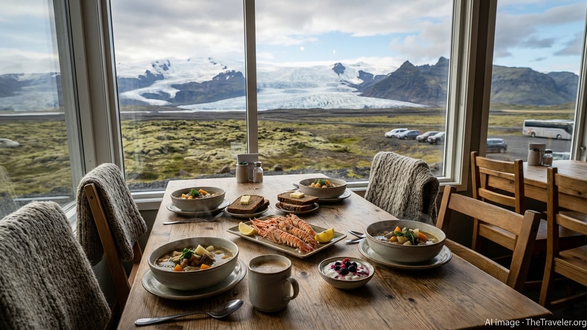 Icelandic soup, langoustine, and rye bread on a café table overlooking Vatnajökull glacier.