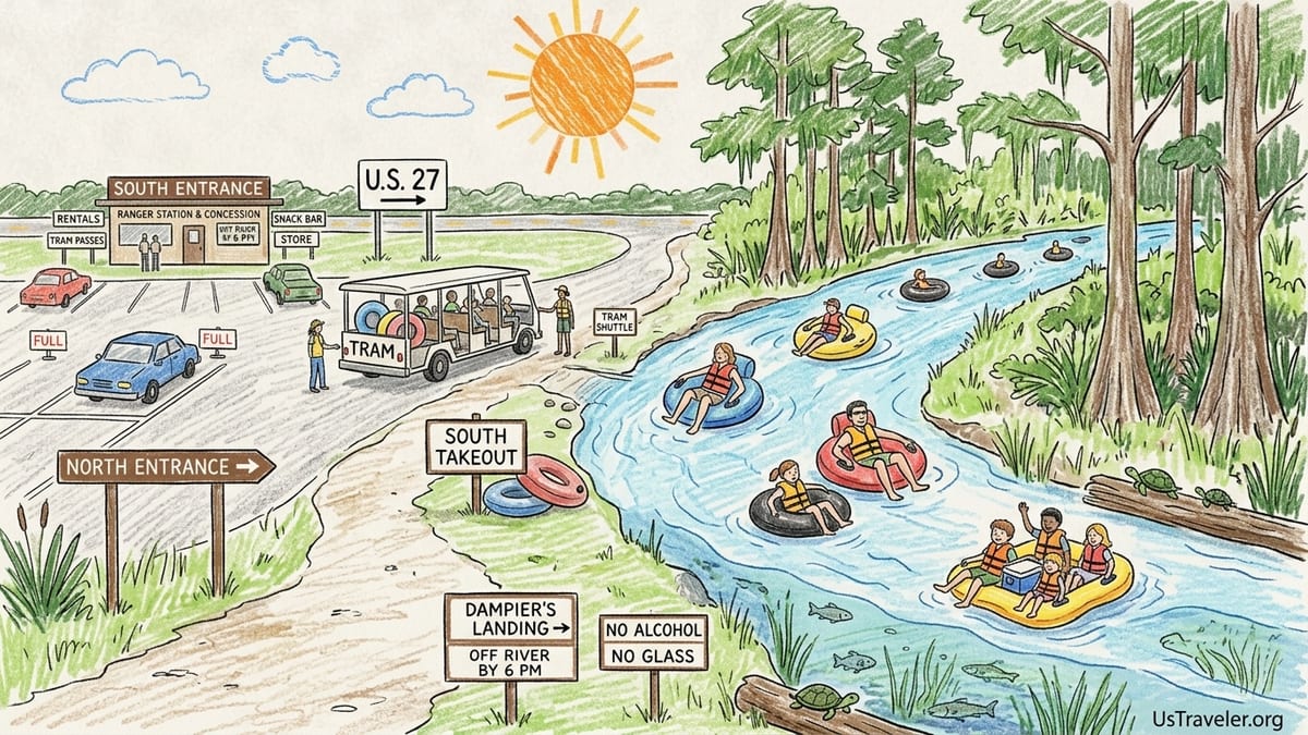 Tubers and kayakers floating on the clear Ichetucknee River under cypress trees at Ichetucknee Springs State Park.
