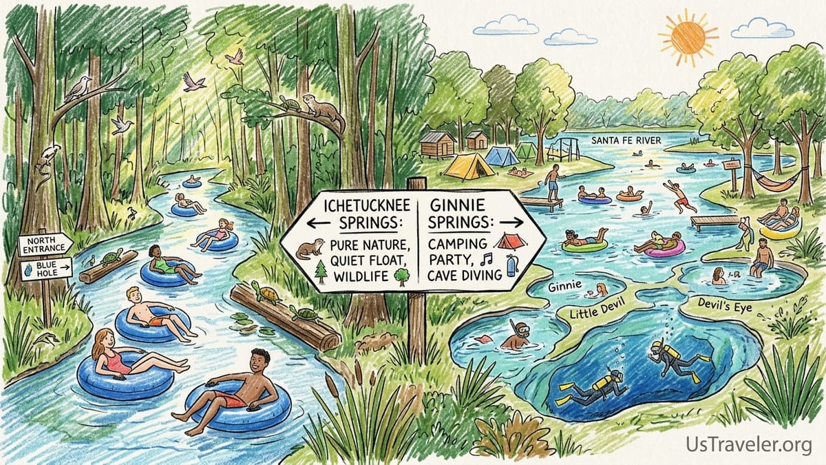 Tubers and paddlers enjoying clear blue water at two contrasting North Florida springs.