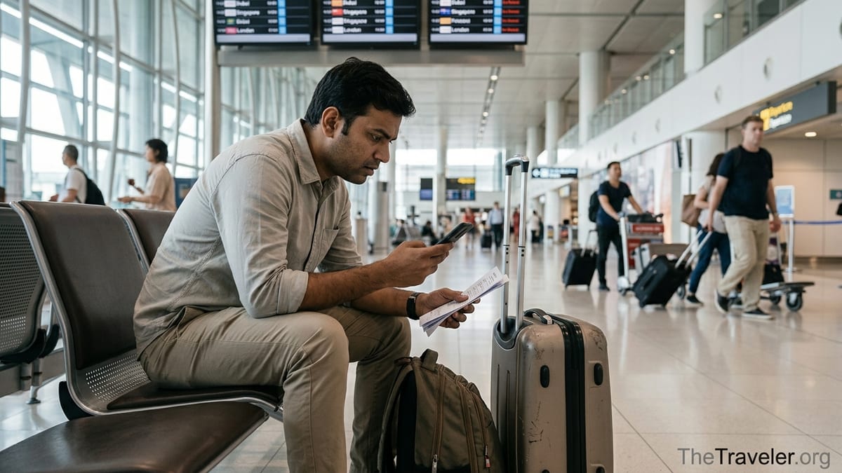 Concerned traveller at an airport reviewing travel insurance papers.