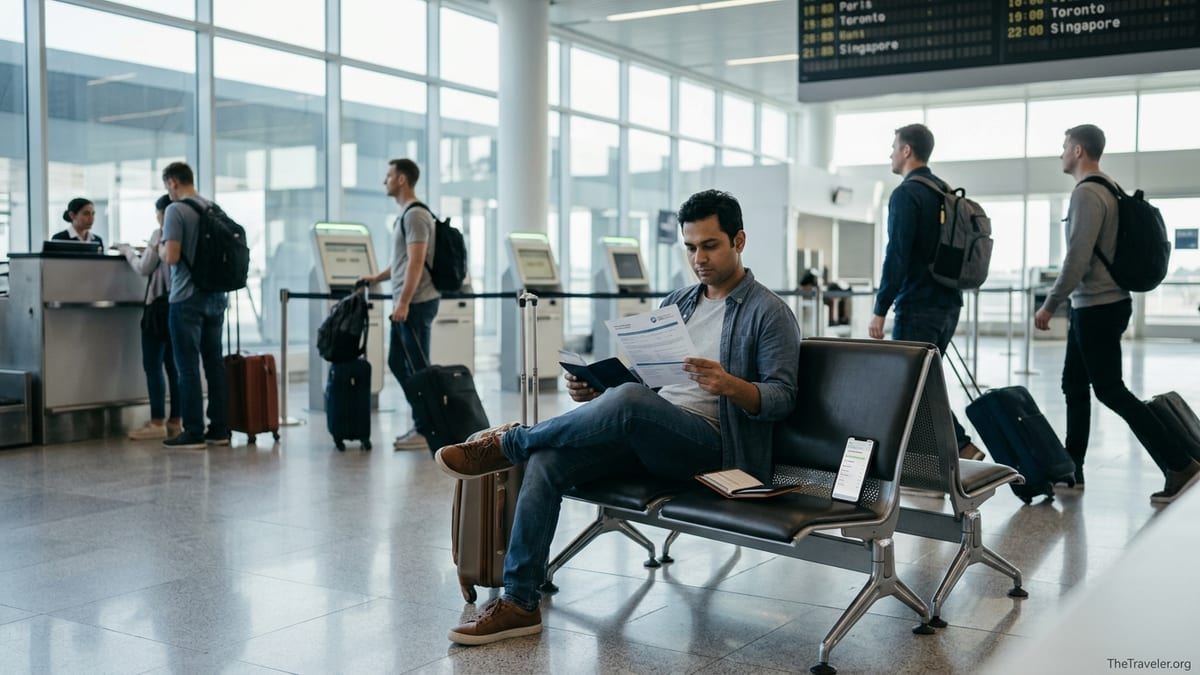 Indian traveler reviewing travel insurance documents in a busy international airport.